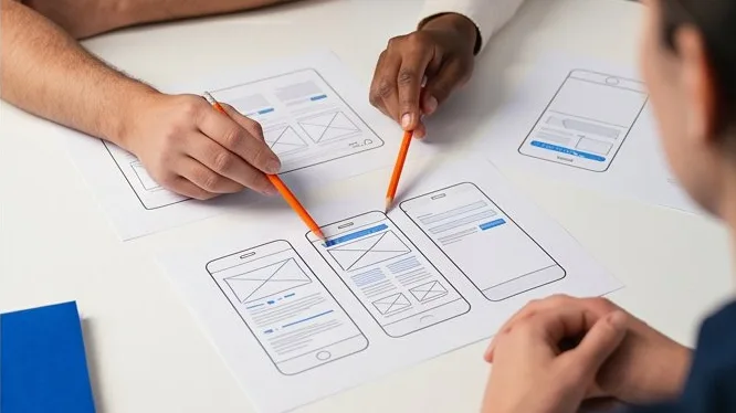 Two colleagues reviewing printed app wireframes with orange pencils