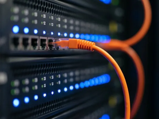 Server rack with blue status lights and a single orange network cable