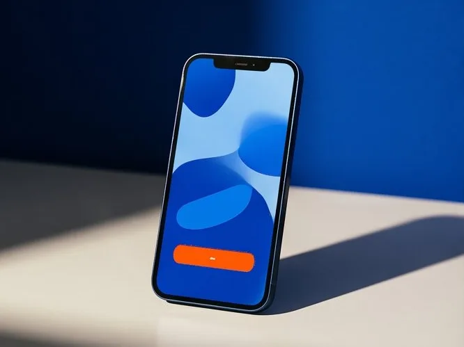 Smartphone on a desk showing a blue app interface with an orange action button