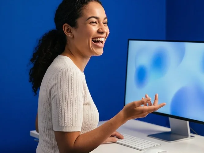 Designer presenting a new build on screen in a Klein-blue studio