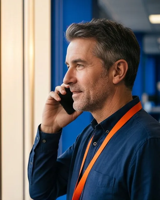 Consultant on a call beside an office window